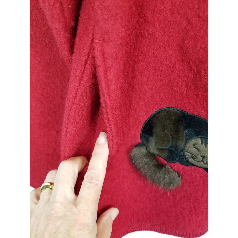 Vintage Lisa International Red Boiled Wool Cat Lady Zip Front Cardigan Medium